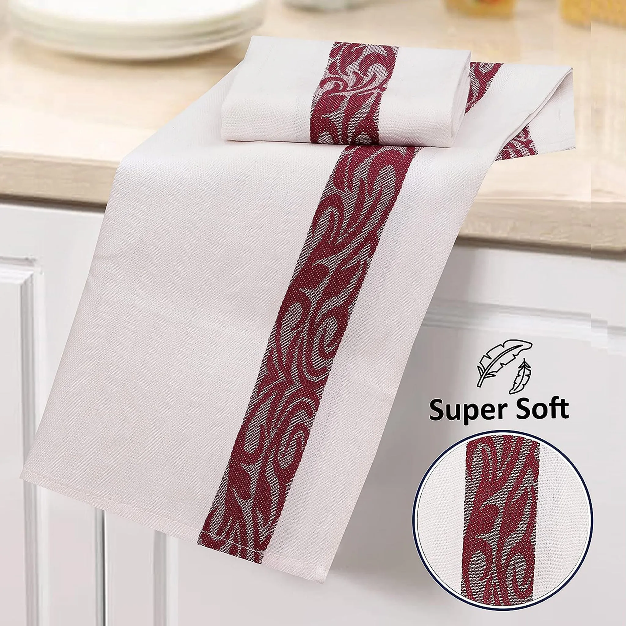 100% Cotton Kitchen & Dish Towel by Ruvanti -12 Pack  (15 Inch x 25 Inch) - Burgundy (Jacquard Weave)
