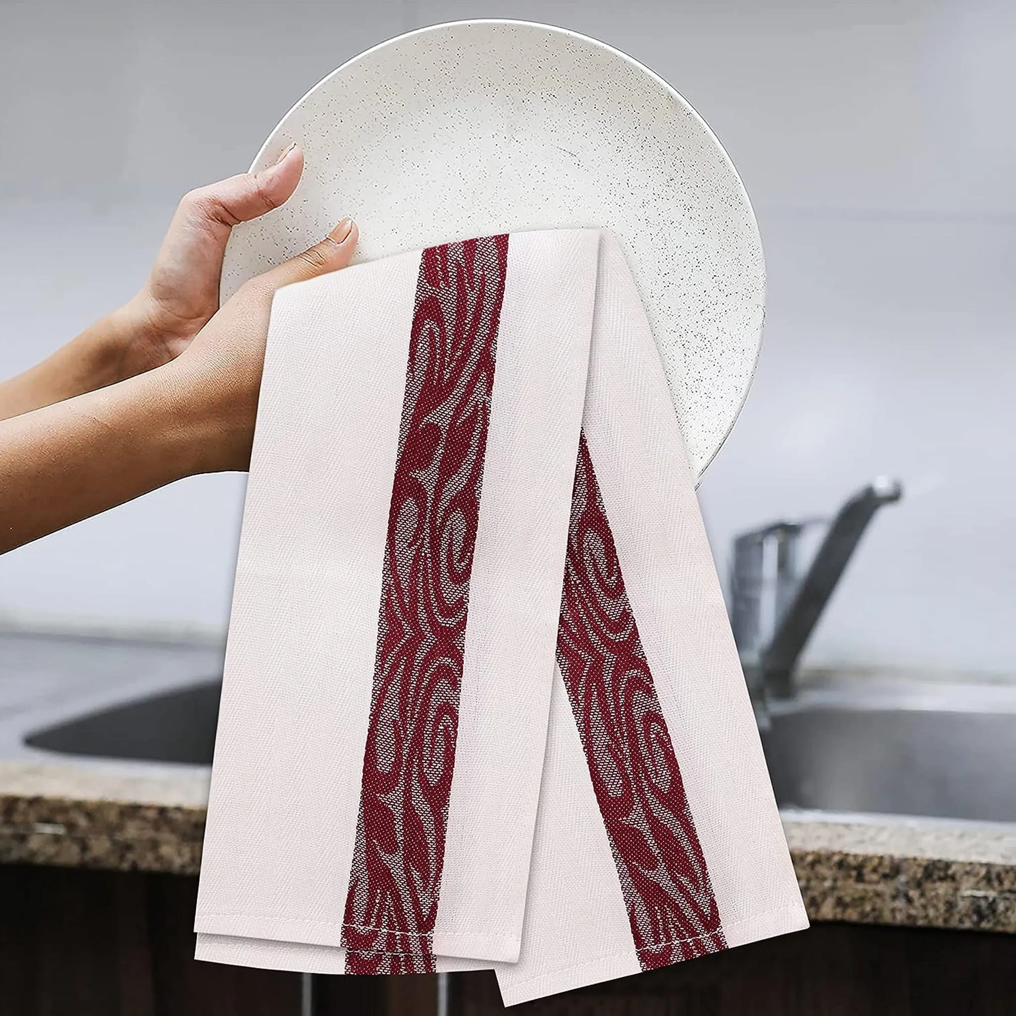 100% Cotton Kitchen & Dish Towel by Ruvanti -12 Pack  (15 Inch x 25 Inch) - Burgundy (Jacquard Weave)