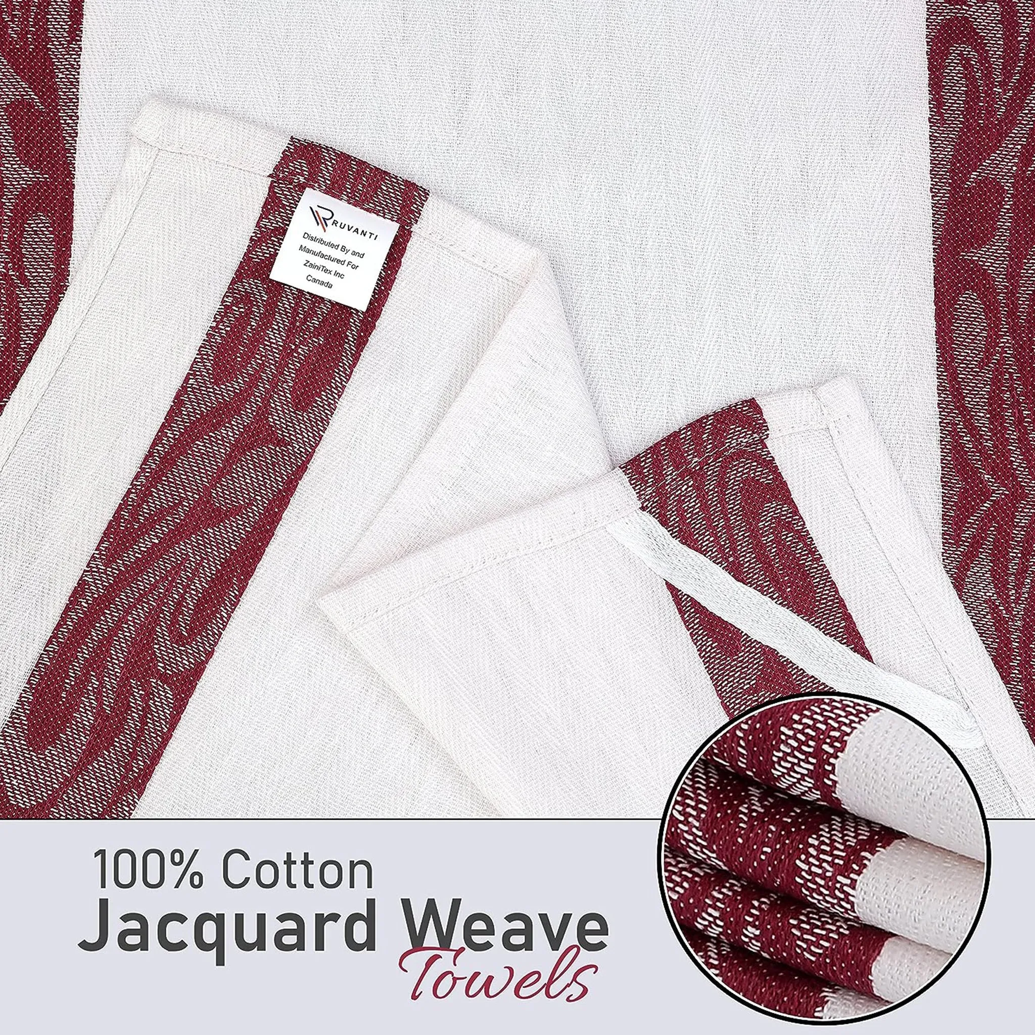 100% Cotton Kitchen & Dish Towel by Ruvanti -12 Pack  (15 Inch x 25 Inch) - Burgundy (Jacquard Weave)
