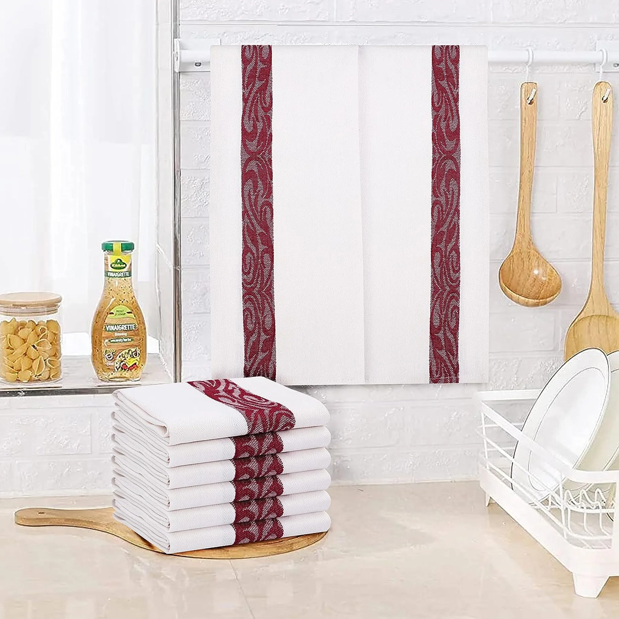 100% Cotton Kitchen & Dish Towel by Ruvanti -12 Pack  (15 Inch x 25 Inch) - Burgundy (Jacquard Weave)