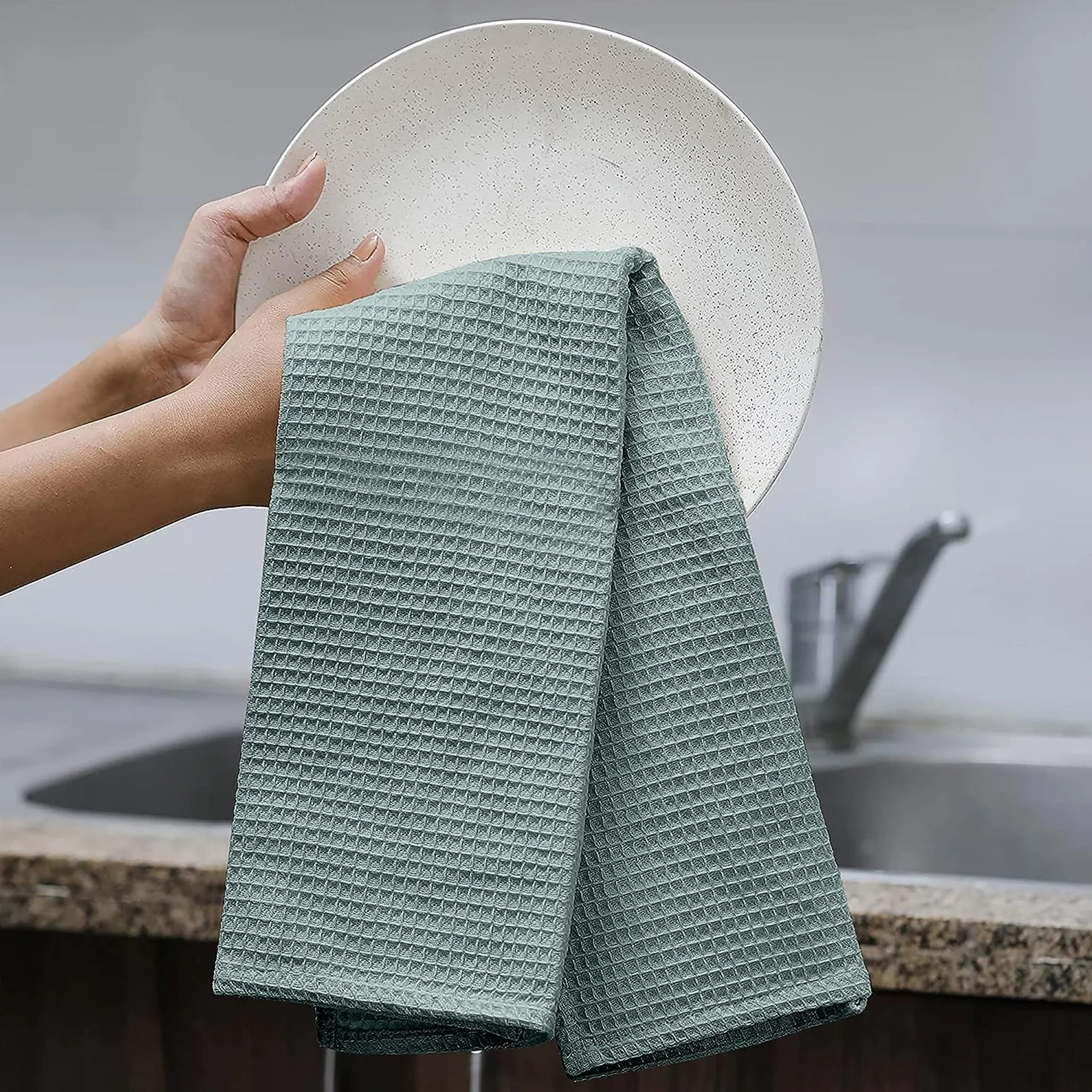 100% Cotton Kitchen & Dish Towel by Ruvanti - 6 Pack (15 Inch x 25 Inch) - Grey (Waffle Weave)