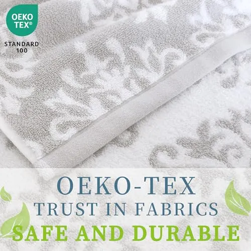 Bath Towels Set of 4 (28"x 52") - 100% Cotton | Quick Dry | Soft | Light Weight | Absorb | Fade-Resistant, Decorative Towels for Bathroom, Damask Patterned Shower Towel, Dorm Towel Set, Grey and White