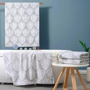 Bath Towels Set of 4 (28"x 52") - 100% Cotton | Quick Dry | Soft | Light Weight | Absorb | Fade-Resistant, Decorative Towels for Bathroom, Damask Patterned Shower Towel, Dorm Towel Set, Grey and White