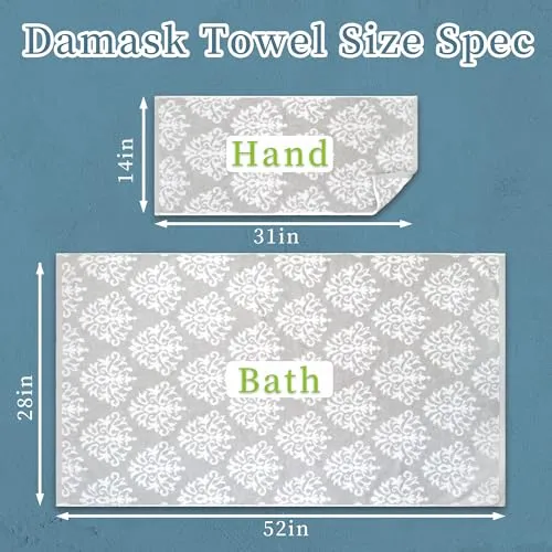 Bath Towels Set of 4 (28"x 52") - 100% Cotton | Quick Dry | Soft | Light Weight | Absorb | Fade-Resistant, Decorative Towels for Bathroom, Damask Patterned Shower Towel, Dorm Towel Set, Grey and White