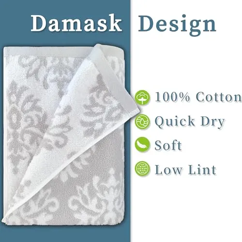 Bath Towels Set of 4 (28"x 52") - 100% Cotton | Quick Dry | Soft | Light Weight | Absorb | Fade-Resistant, Decorative Towels for Bathroom, Damask Patterned Shower Towel, Dorm Towel Set, Grey and White