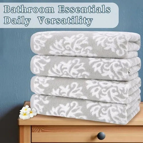 Bath Towels Set of 4 (28"x 52") - 100% Cotton | Quick Dry | Soft | Light Weight | Absorb | Fade-Resistant, Decorative Towels for Bathroom, Damask Patterned Shower Towel, Dorm Towel Set, Grey and White