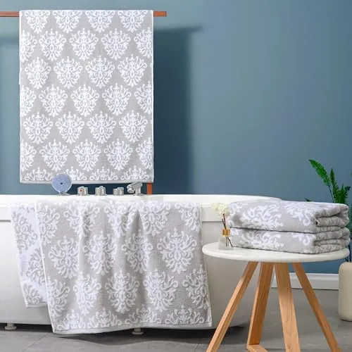 Bath Towels Set of 4 (28"x 52") - 100% Cotton | Quick Dry | Soft | Light Weight | Absorb | Fade-Resistant, Decorative Towels for Bathroom, Damask Patterned Shower Towel, Dorm Towel Set, Grey and White