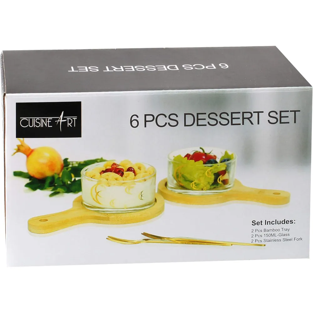 Cuisine Art 6 Pieces Dessert Set - 2 Glass, 2 Wooden Tray and 2 Stainless Steel Spoon