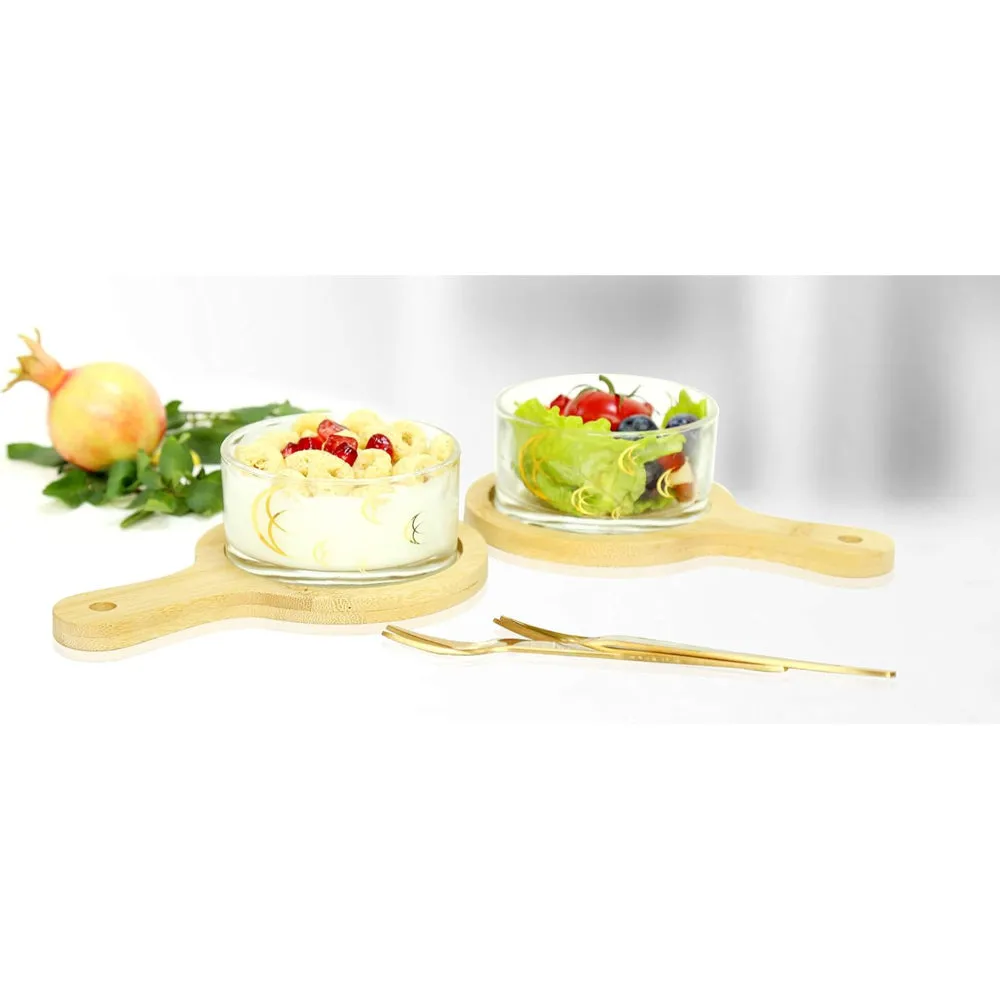 Cuisine Art 6 Pieces Dessert Set - 2 Glass, 2 Wooden Tray and 2 Stainless Steel Spoon