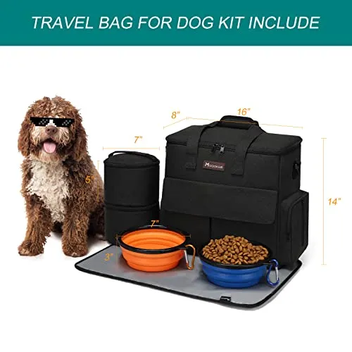 Dog Travel Bag by Modoker - Dog Travel Kit for a Weekend Away Set Includes Pet Travel Bag Organizer for Accessories, 2 Collapsible Dog Bowls, 2 Travel Dog Food Container (Black)