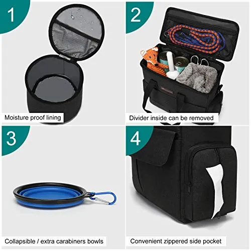 Dog Travel Bag by Modoker - Dog Travel Kit for a Weekend Away Set Includes Pet Travel Bag Organizer for Accessories, 2 Collapsible Dog Bowls, 2 Travel Dog Food Container (Black)