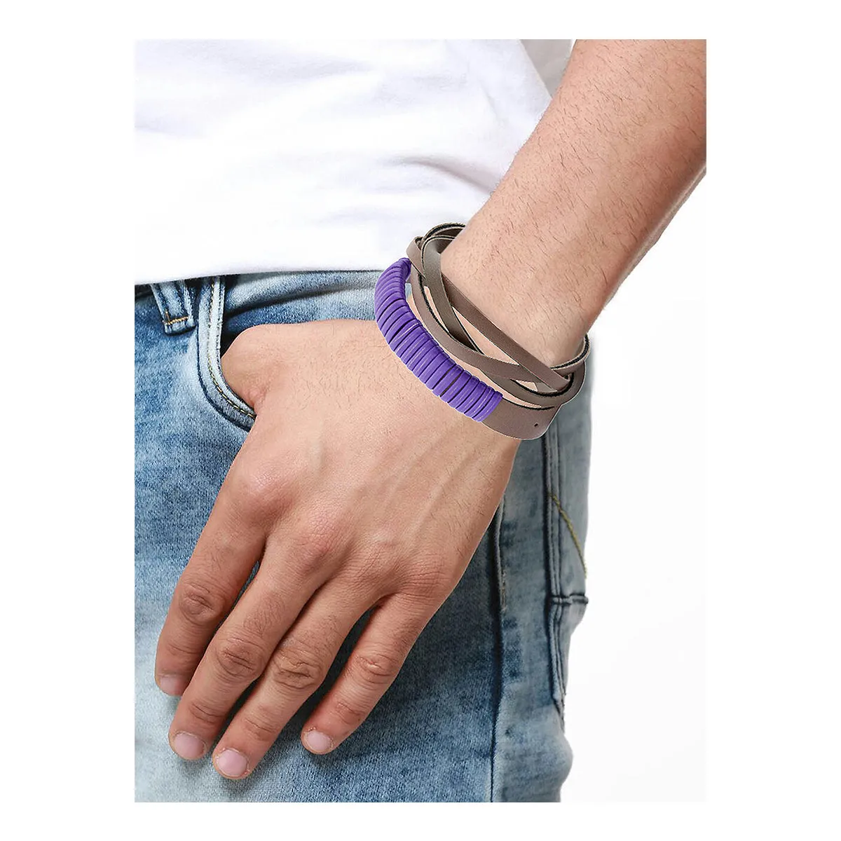 Funky Biker Purple Brown Faux Leather Wrist Band Strap Bracelet Men