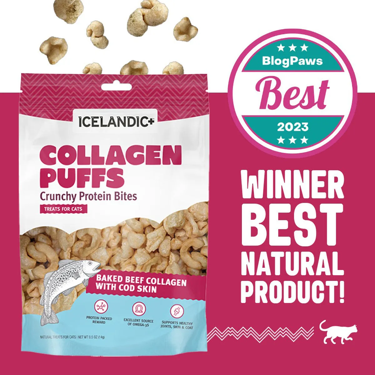 Icelandic Beef Collagen Puffs with Cod Skin Cat Treats 0.5oz