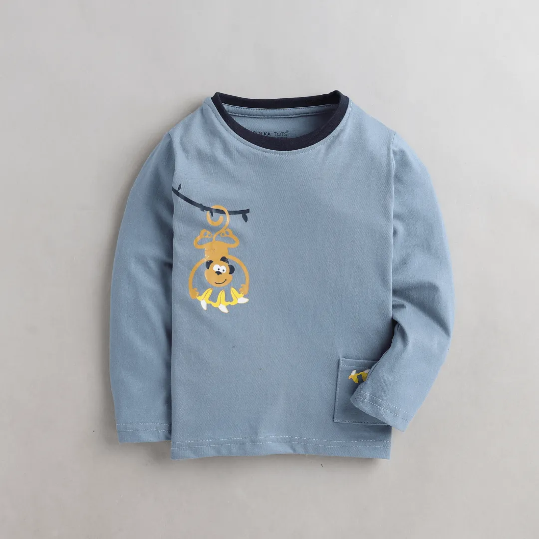 Polka Tots Full Sleeves Monkey Printed Tshirt - Blue