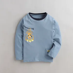 Polka Tots Full Sleeves Monkey Printed Tshirt - Blue