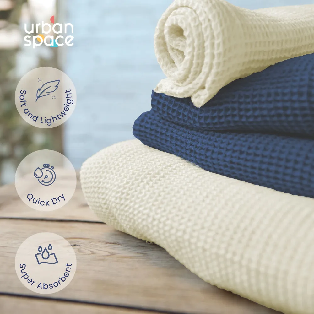Premium 100% Cotton Waffle Bath Towel Set of 6, 2 Bath towels, 2 Hand towels, 2 Face Towels, Navy Blue & Beige
