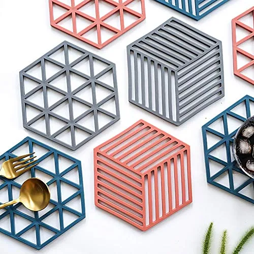 Set of 6 Expandable Hexagon Silicone Trivets, Pots & Pans Holder Mats